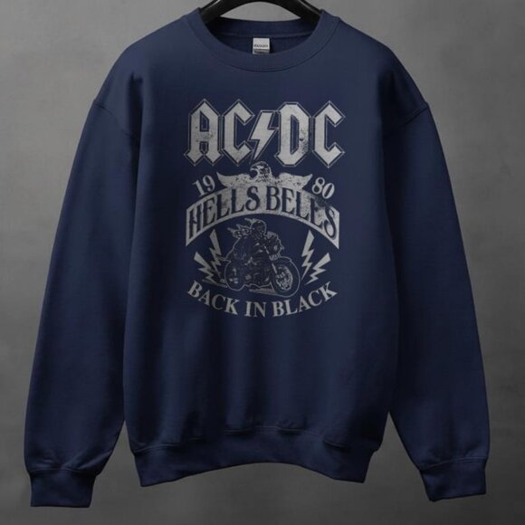 Vintage 90s ACDC Hells Bells Sweatshirt,ACDC Back in Black Album Band Shirt Navy - Picture 1 of 4
